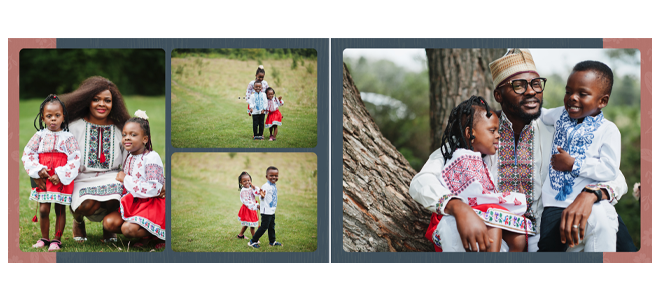 A green-themed photobook spread featuring a family enjoying outdoor moments. The left page displays three smaller photos of a mother and two children in traditional attire, while the right page showcases a father with two children sitting by a tree. Ideal for personalised gifts in South Africa, baby shower gift ideas, and photo albums.