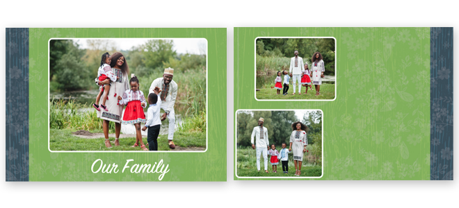 Personalised photo book with a green cover featuring a family theme. The cover displays a family photo with the text ''Our Family'' in white. The interior pages show additional family photos against a green background with subtle patterns. Ideal for gifts such as baby showers, Christmas, or Valentine''s Day.