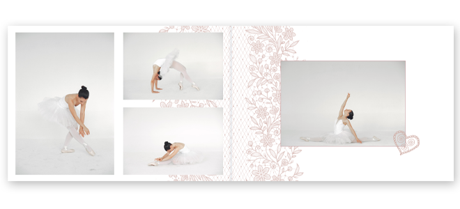 Elegant photobook with a "Pretty Pink" theme, featuring a soft pink floral design on a white background. The open spread showcases four photos of a ballerina in various poses, accented with a delicate heart illustration. Ideal for personalised gifts, baby showers, or Valentine's Day.