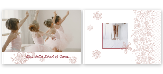 Pretty pink-themed photobook cover featuring young ballerinas in pink tutus on the left page, with ''Betsy Ballet School of Dance'' text. The right page showcases a close-up of ballet shoes framed by delicate pink floral designs. Ideal for personalised gifts, baby shower gift ideas, and photo albums.