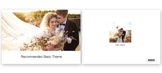 Photobook cover featuring a wedding theme with a bride and groom embracing, surrounded by a bouquet of flowers. The cover is titled ''Recommended Basic Theme'' and includes a smaller image of the couple on the back cover with the label ''Plain Theme.'' Ideal for personalised gifts, photo albums, and wedding keepsakes.