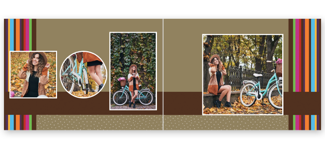 Retro-themed photobook layout featuring a collage of autumnal images. The design includes a mix of rectangular and circular photo frames with a backdrop of earthy tones and colourful stripes on the sides. Ideal for personalised gifts, photo albums, and special occasions.