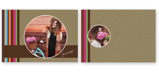 Retro-themed photobook cover featuring a stylish design with colourful vertical stripes on the left side and a brown polka dot pattern on the right. The cover includes circular photo frames showcasing a woman with a bicycle and flowers. Ideal for personalised gifts, photo albums, and special occasions.