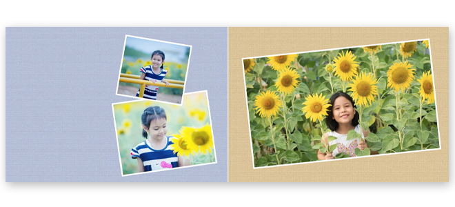 A photobook with a simplicity theme, featuring a light blue and beige background. The left page displays two photos of a child in a field of sunflowers, while the right page showcases a larger photo of a smiling child among sunflowers. Ideal for personalised gifts, photo albums, and special occasions.