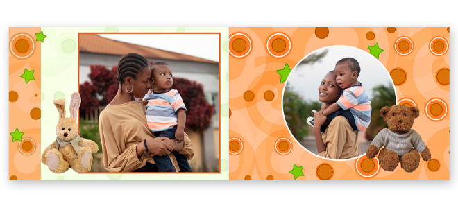 A personalised photo book with a teddy bear theme, featuring a mother and child. The left page has a green background with stars and a bunny illustration, while the right page has an orange background with circles and a teddy bear illustration. Ideal for baby shower gift ideas or personalised gifts in South Africa.