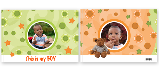 Personalised photo book cover featuring a teddy bear theme. The left side has a green background with circular patterns and a photo slot with ''This is my BOY'' text. The right side has an orange background with star and circle patterns, a photo slot, and a teddy bear illustration. Ideal for baby shower gifts, Christmas gifts, or personalised gifts in South Africa.