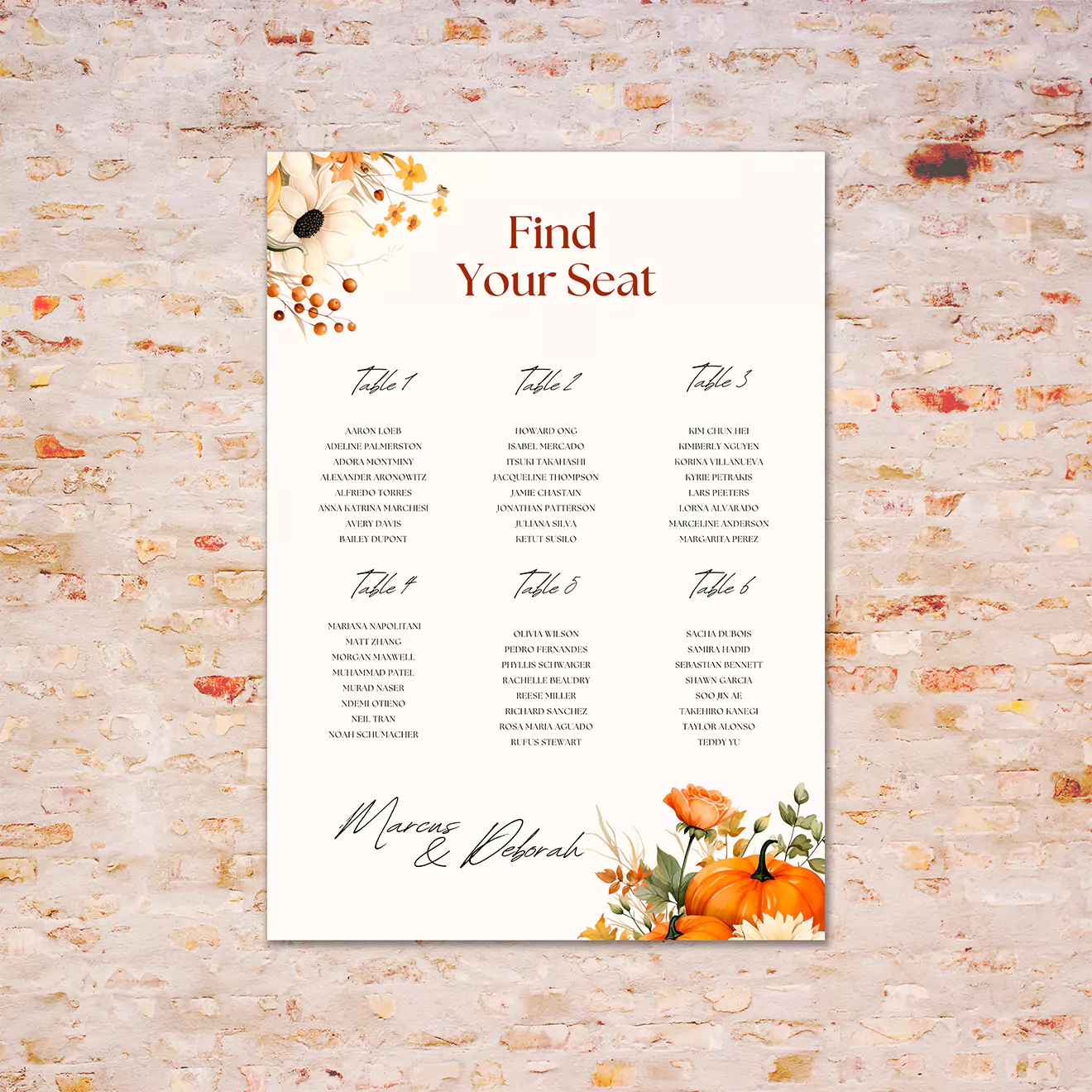 Elegant wedding seating chart with floral design, featuring "Find Your Seat" at the top. The chart lists table assignments for guests, with names under each table number. The design includes autumn-themed flowers in the corners, set against a rustic brick wall background. Ideal for personalised wedding decor.