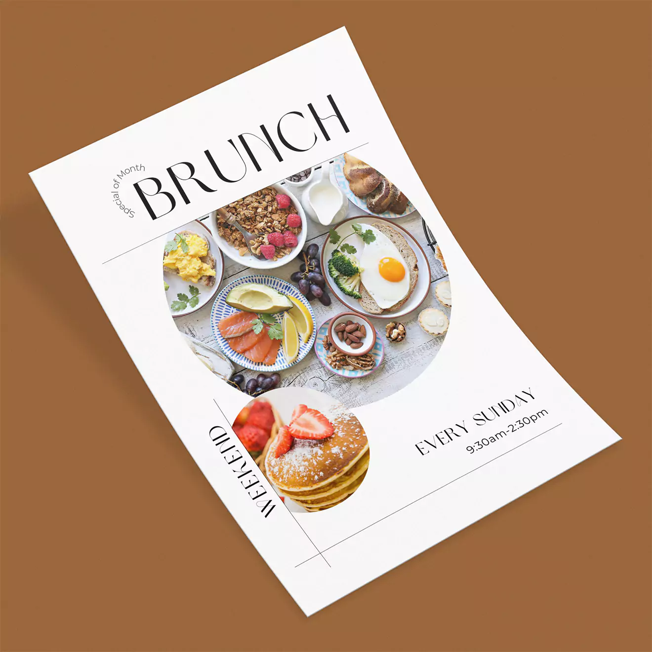 A stylish brunch menu flyer with a white background and brown border, featuring a collage of breakfast dishes including eggs, pancakes, fruit, and pastries. The text reads ''Weekend Brunch'' and ''Every Sunday 9:00am-2:30pm.'' Perfect for promoting a brunch event or restaurant special.